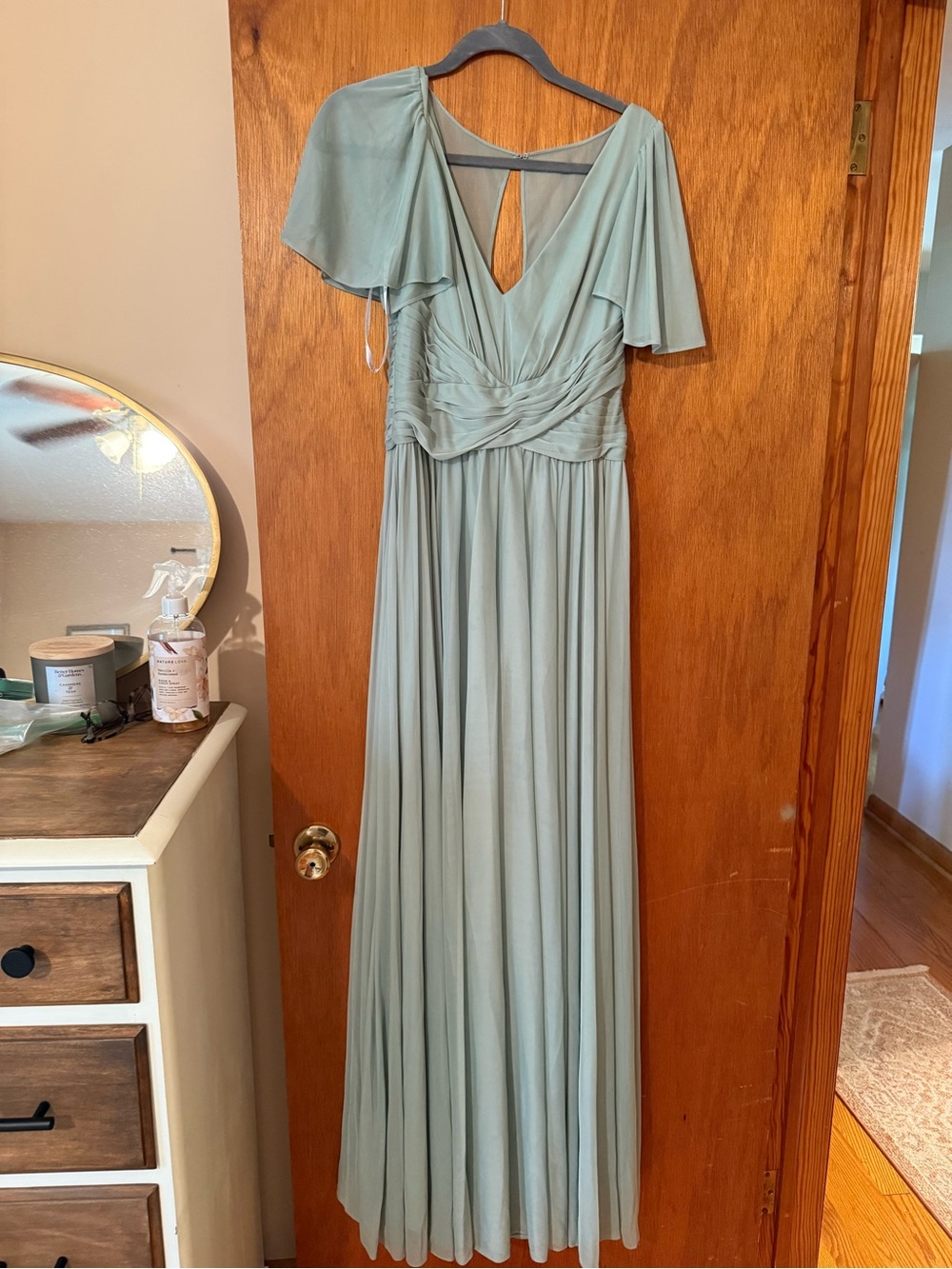 David’s Bridal  Sage Green V-Neck Dress with Flutter Sleeves size 6